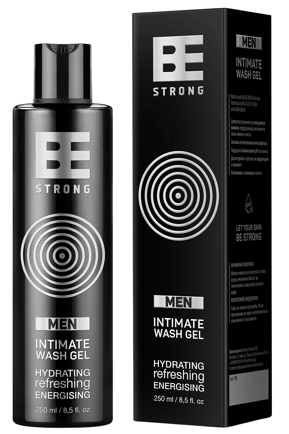 Photo of BeStrong Intimate Wash Gel (left) and its packaging box (right).